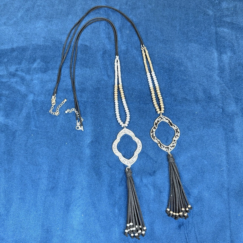 Long Tassel Pendant Necklace Set Faux Pearl Silver Black‎ Boho Statement